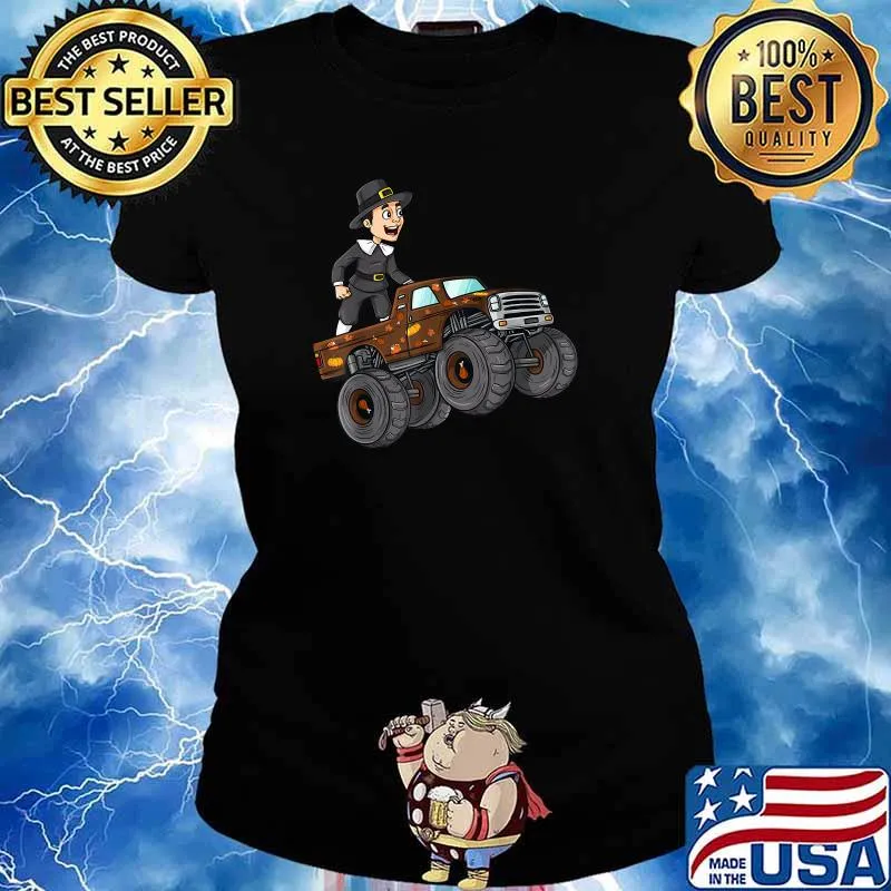 Thanksgiving Pilgrim Riding Monster Truck Toddlers Boys T-Shirt Ladies tee