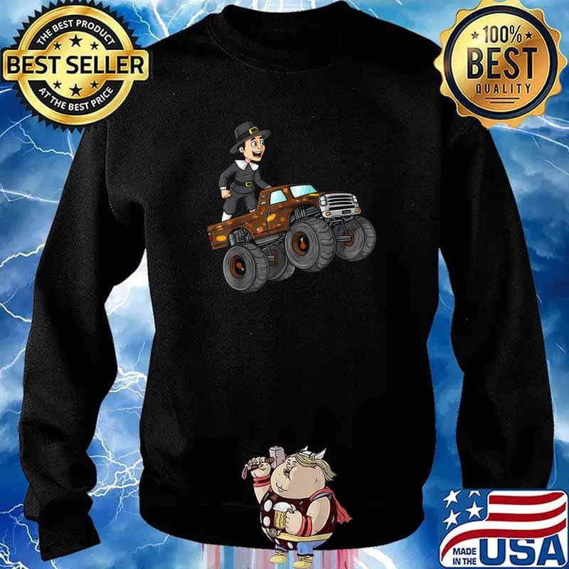 Thanksgiving Pilgrim Riding Monster Truck Toddlers Boys T-Shirt Sweater