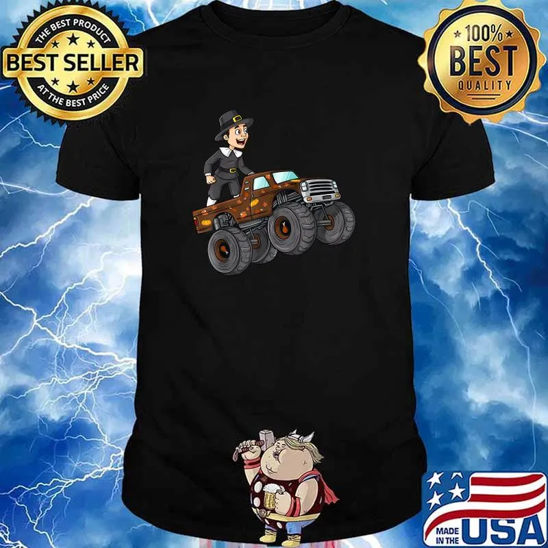 Thanksgiving Pilgrim Riding Monster Truck Toddlers Boys T-Shirt
