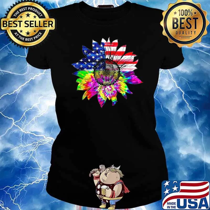Tie Dye American Flag Sunflower 4th July Graphic Plus Watercolor T-Shirt Ladies tee
