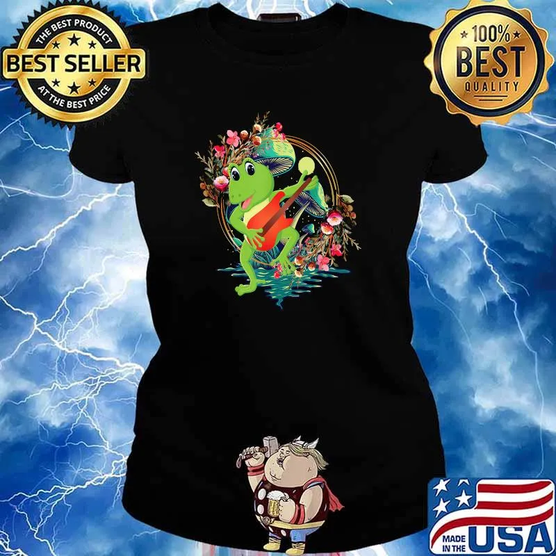 Cottagecore Aesthetic Frog Playing Guitar on Mushroom Flower T-Shirt Ladies tee