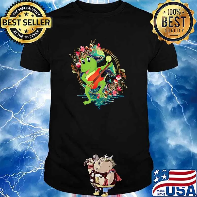Cottagecore Aesthetic Frog Playing Guitar on Mushroom Flower T-Shirt