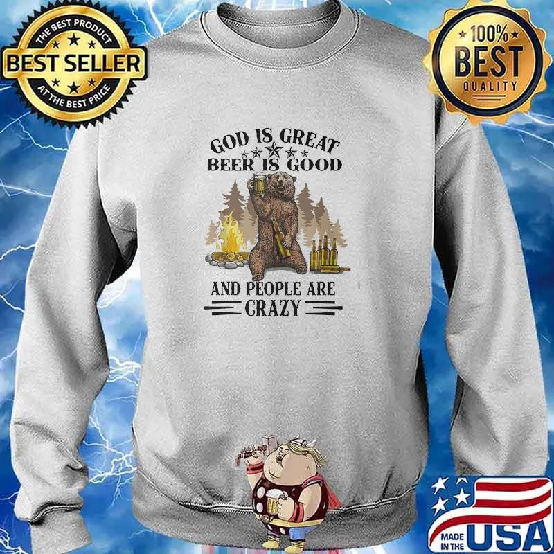 God is great beer good and people are crazy bear play guitar camp Sweater