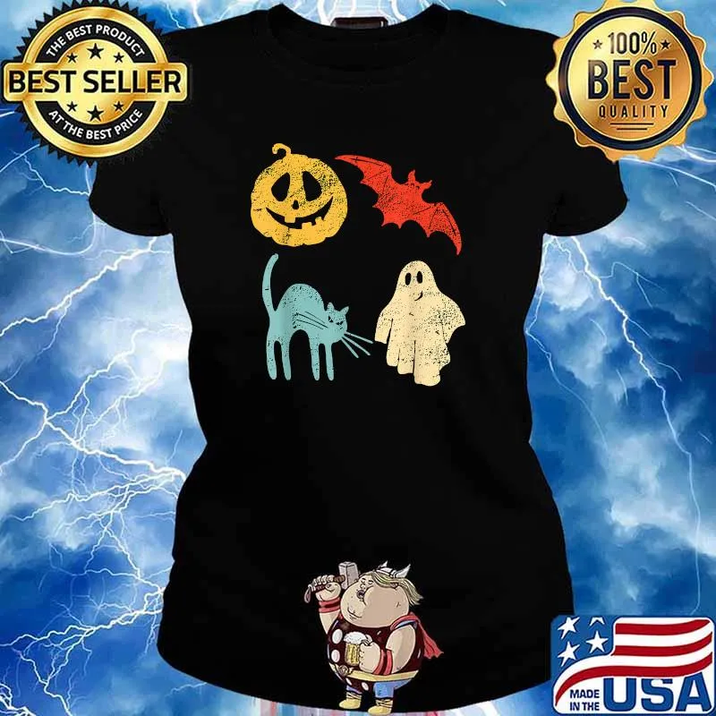 Halloween Pumpkin Bat Cat & Ghost Vintage T-Shirt Ladies tee