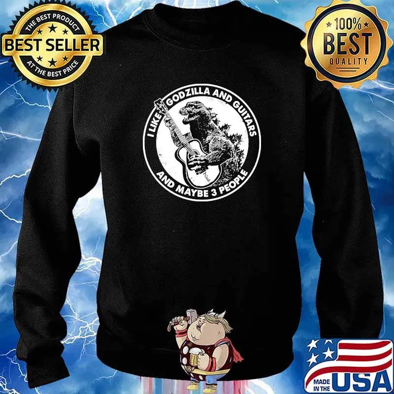 I like godzilla and guitars and maybe 3 people Sweater