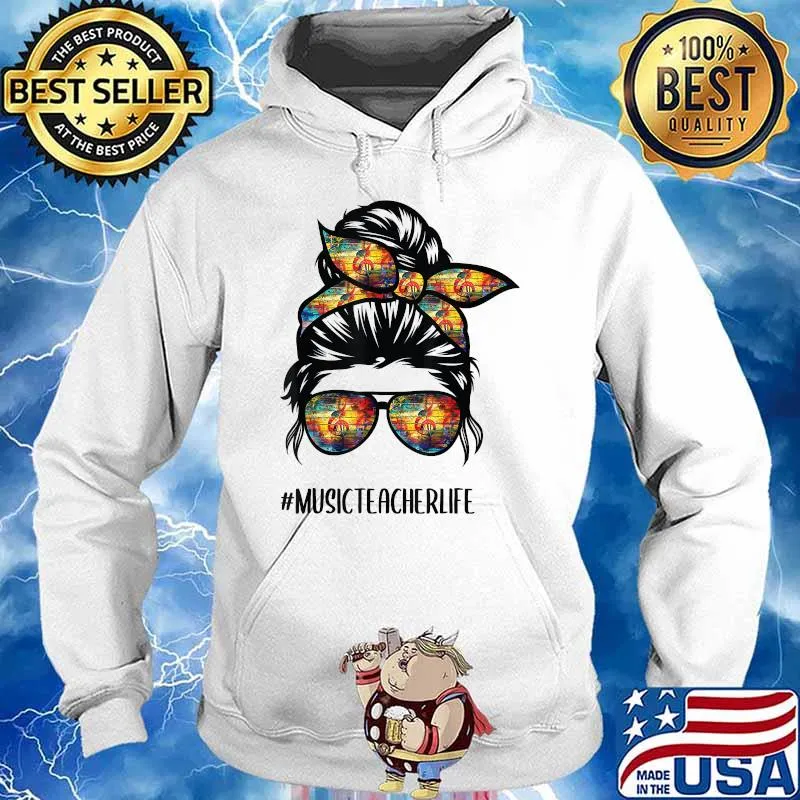 Music Teacher Messy Bun Life Hair Glasses Musical Notes T-Shirt Hoodie
