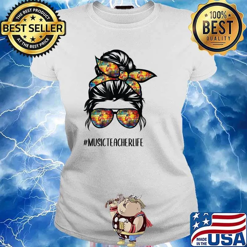 Music Teacher Messy Bun Life Hair Glasses Musical Notes T-Shirt Ladies tee