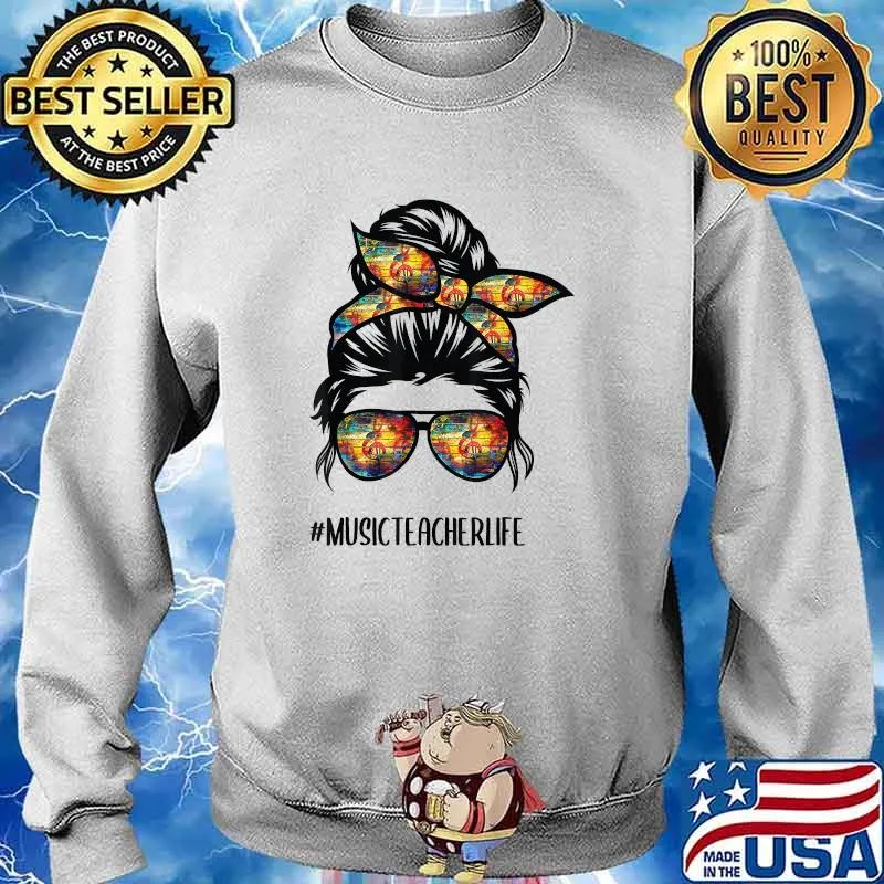Music Teacher Messy Bun Life Hair Glasses Musical Notes T-Shirt Sweater