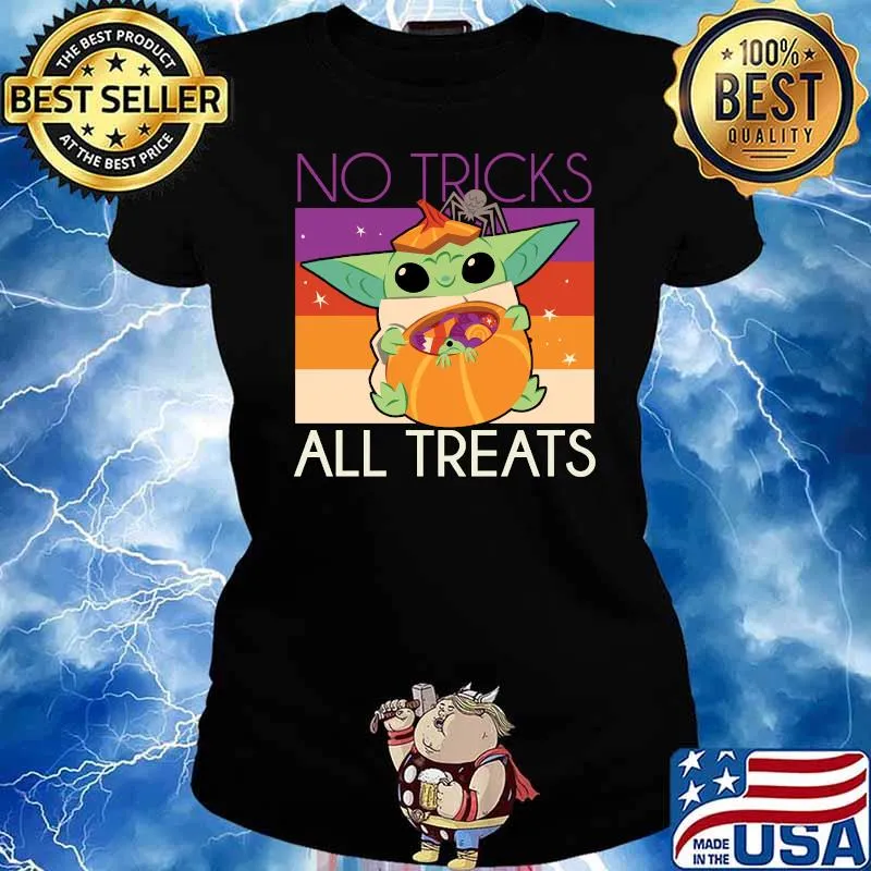 No Tricks All treats Yoda Pumpkin Star Wars The Mandalorian Halloween Vintage T-Shirt Ladies tee