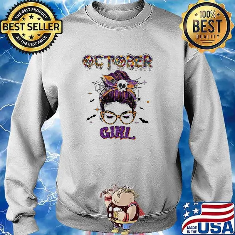 October girl messy bun hair pumpkin ribbon halloween s Sweater
