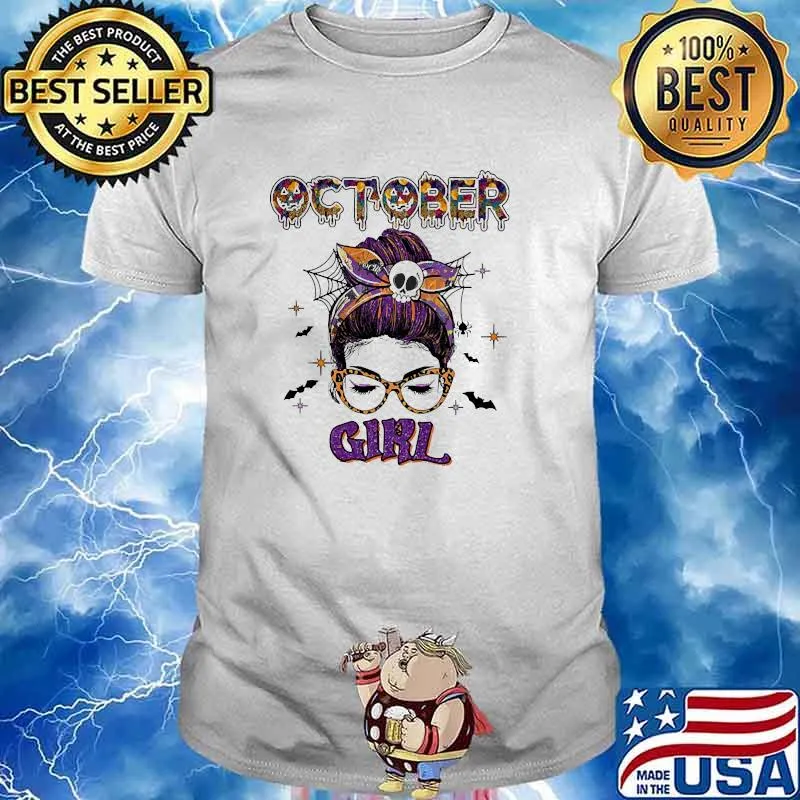 October girl messy bun hair pumpkin ribbon halloween shirt