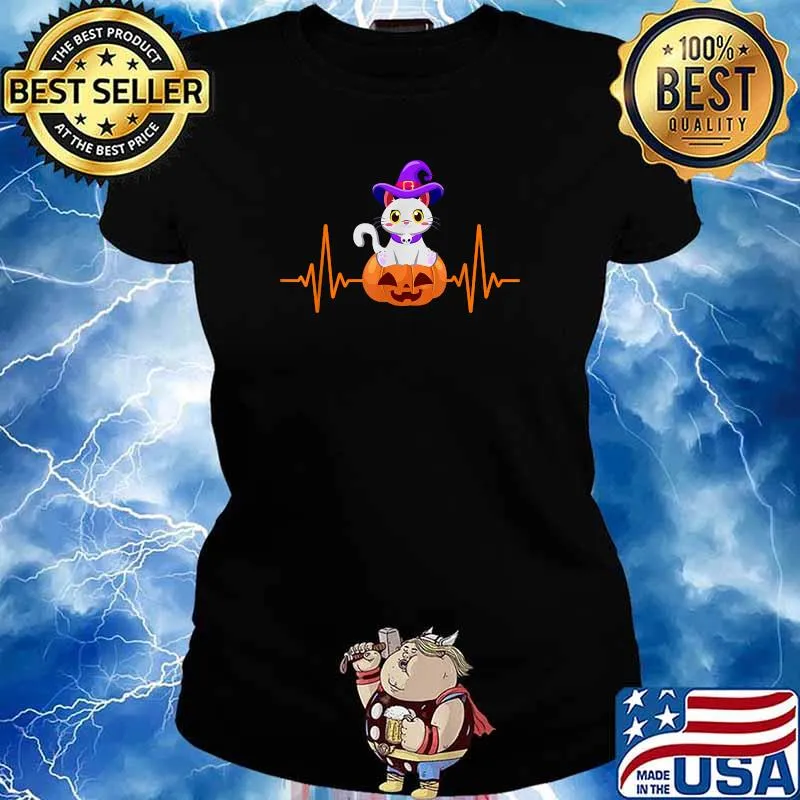 Pumpkin Heartbeat Witch Cat Halloween T-Shirt Ladies tee