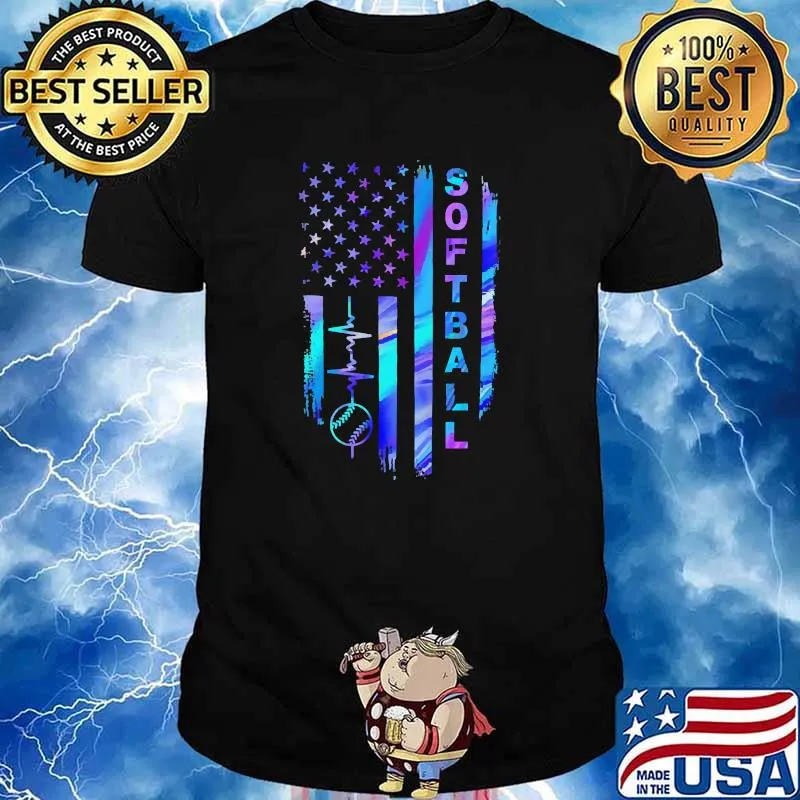 Softball us flag heartbeat hologram shirt