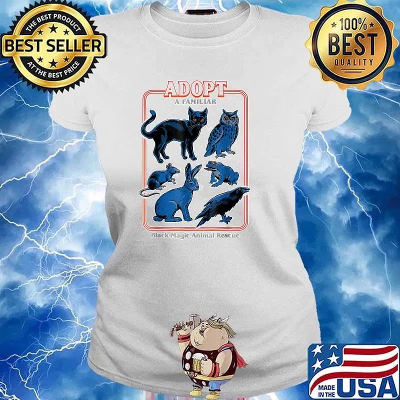 Adopt A Familiar Black Magic Animal Rescue Haloween Owl Cat Rabbit Mouse Frog T-Shirt Ladies tee