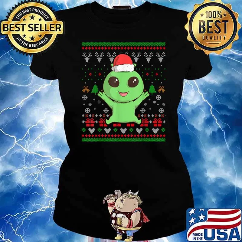 Alien Santa Claus Ugly Christmas Pattern X-Mas UFO Holiday T-Shirt Ladies tee