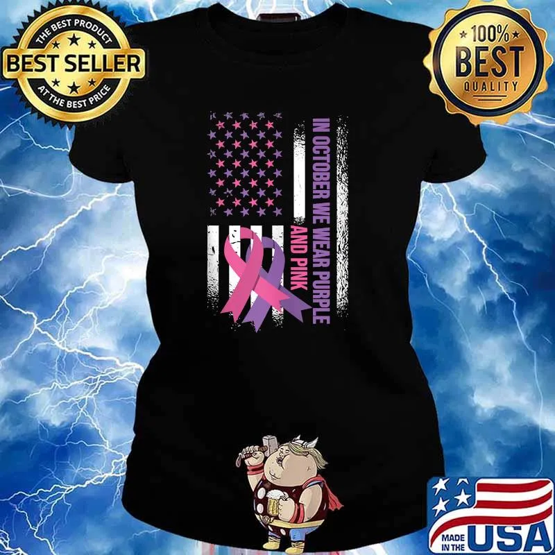 American Flag Breast Cancer and Domestic Violence Awareness T-Shirt Ladies tee