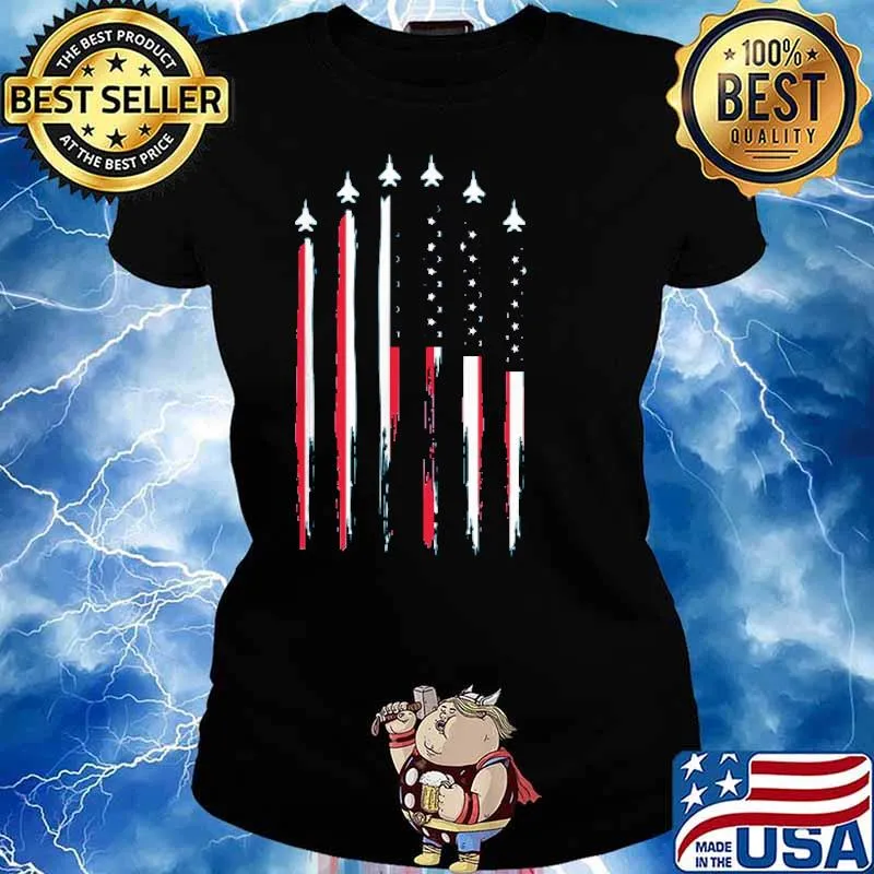 American Flag USA Airplane Jet Fighter 4th of July Patriotic Shirt Ladies tee