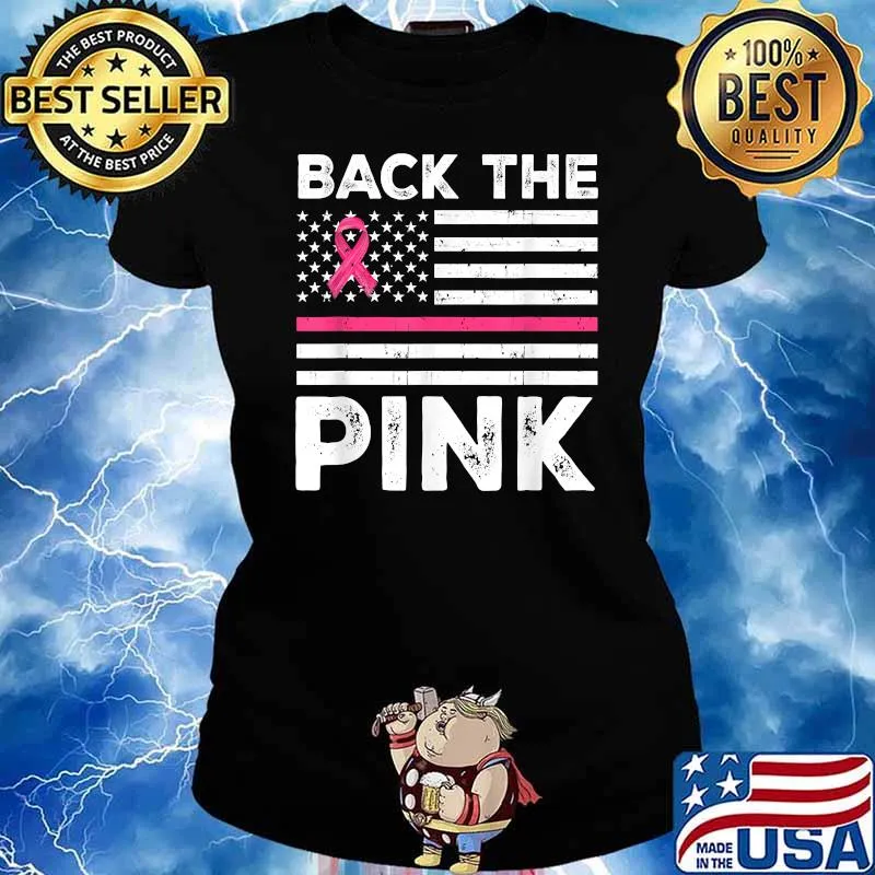 Back The Pink Ribbon American Flag Breast Cancer Awareness T-Shirt Ladies tee