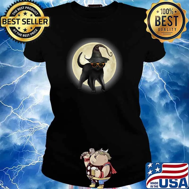 Black Cat Wearing Witch Hat And Pumpkin Glasses Halloween T-Shirt Ladies tee