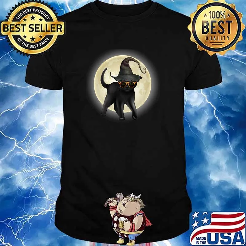 Black Cat Wearing Witch Hat And Pumpkin Glasses Halloween T-Shirt