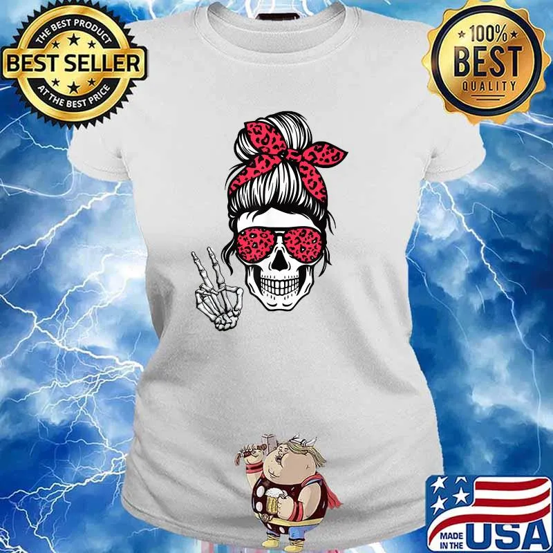 Boho Skeleton Messy Bun Bandana Halloween Apparel T-Shirt Ladies tee