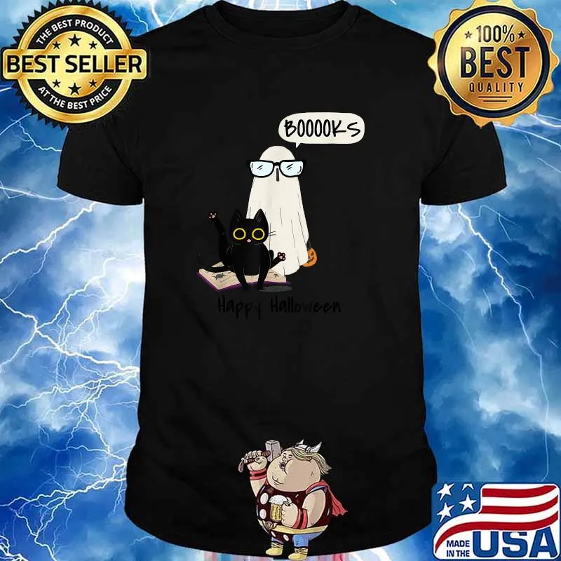 Books Happy Halloween Booooks Ghost and Black Cat T-Shirt
