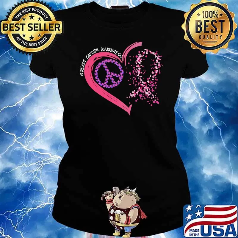 Breast Cancer Awareness Peace Love Cure hearted Pink Ribbon T-Shirt Ladies tee