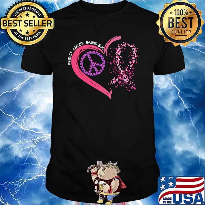 Breast Cancer Awareness Peace Love Cure hearted Pink Ribbon T-Shirt