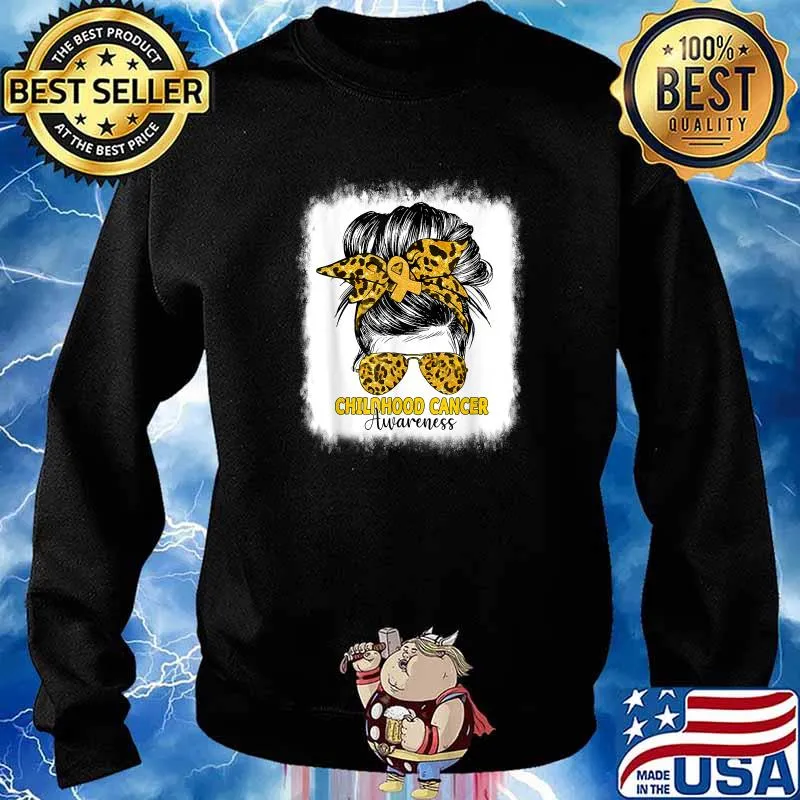 Childhood Cancer Awareness Floral Gold Ribbon Messy Bun T-Shirt Sweater