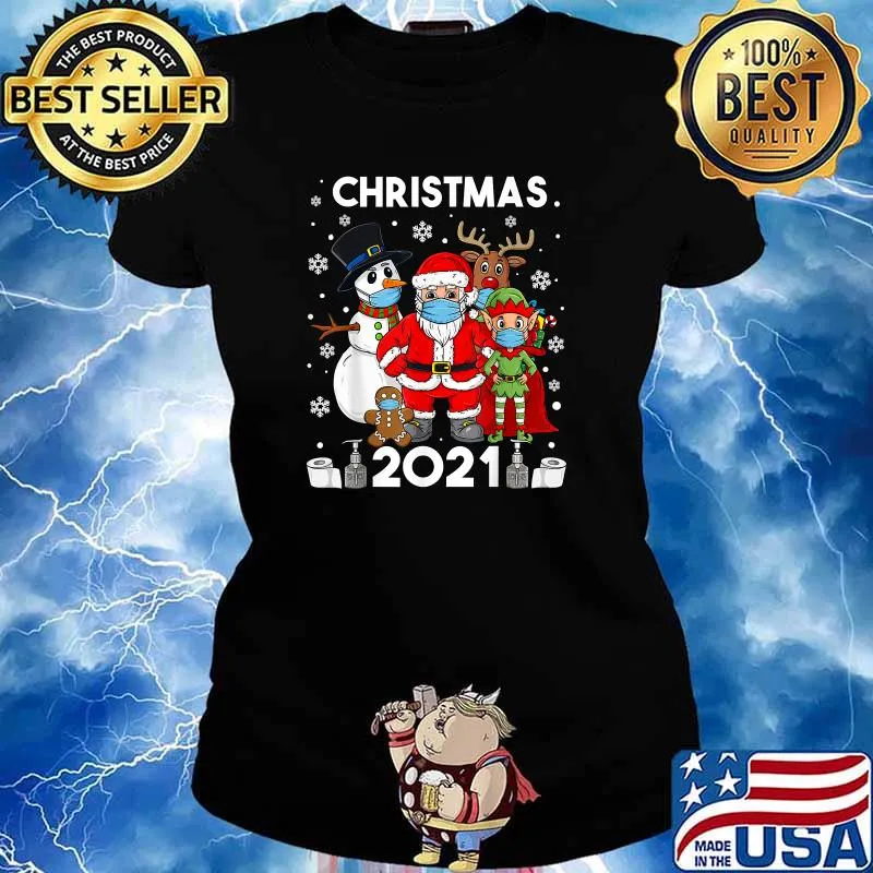 Christmas 2021 Santa And Friends Wear Mask Family Xmas T-Shirt Ladies tee