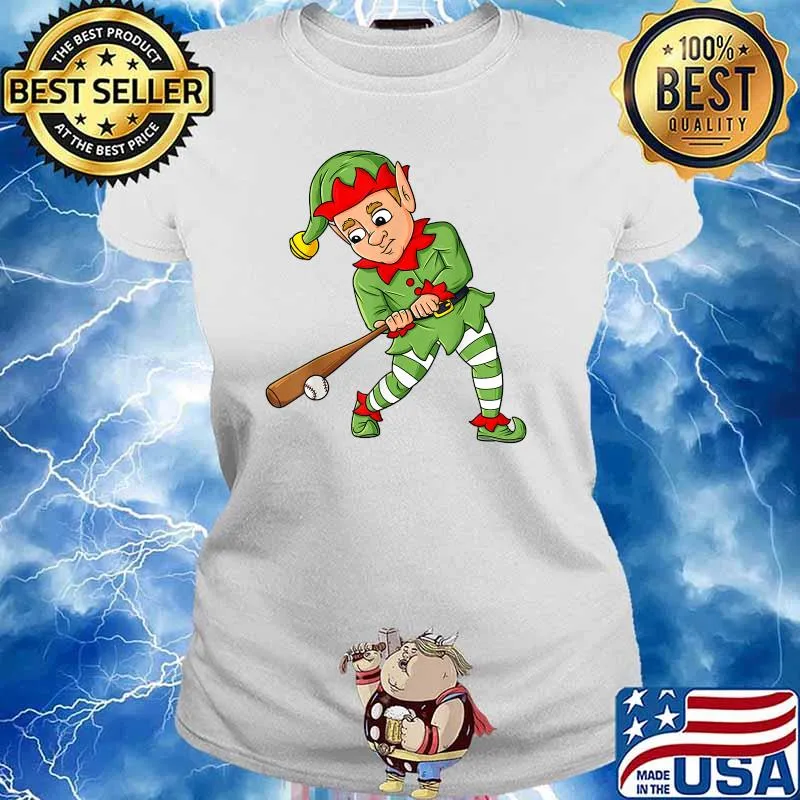 Christmas Elf With Baseball Bat Boys Kids Teens Xmas T-Shirt Ladies tee