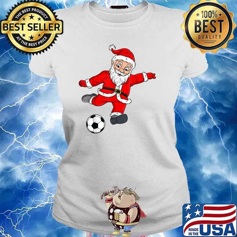Christmas Santa Claus Soccer Ball Boys Girls Kids Xmas T-Shirt Ladies tee