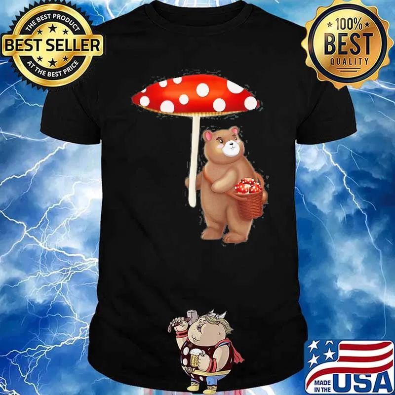 Cottagecore Aesthetic Foraging Bear With Mushroom Umbrella Shirt