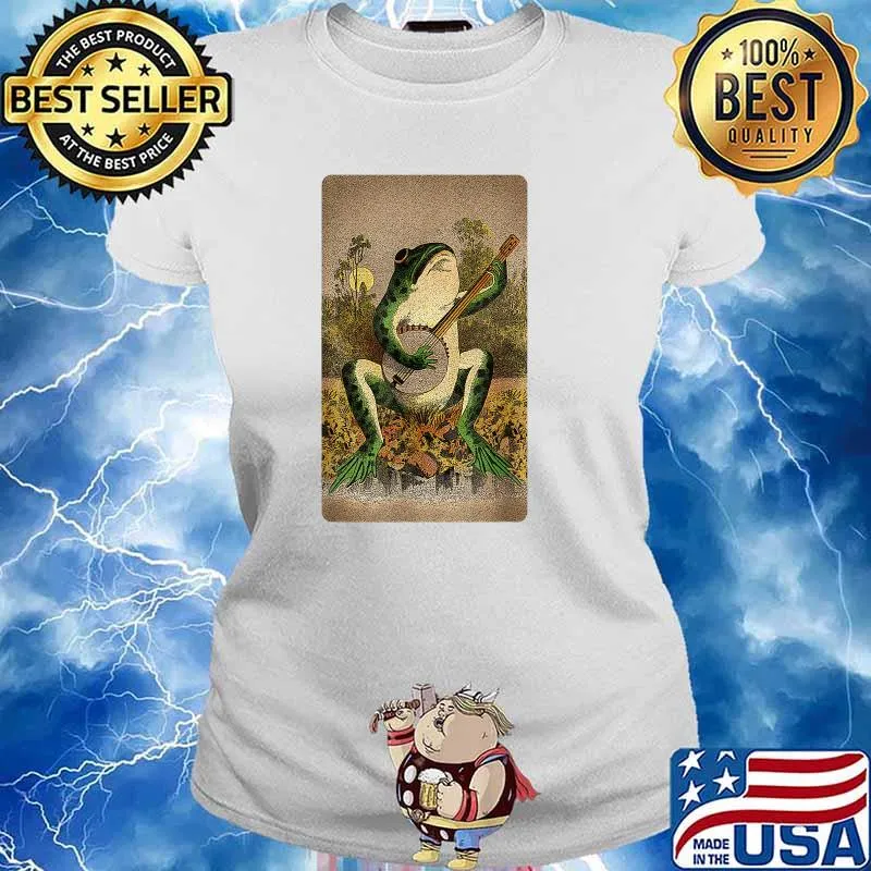 Cottagecore Inspired Goblincore Related Frog Playing Banjo T-Shirt Ladies tee