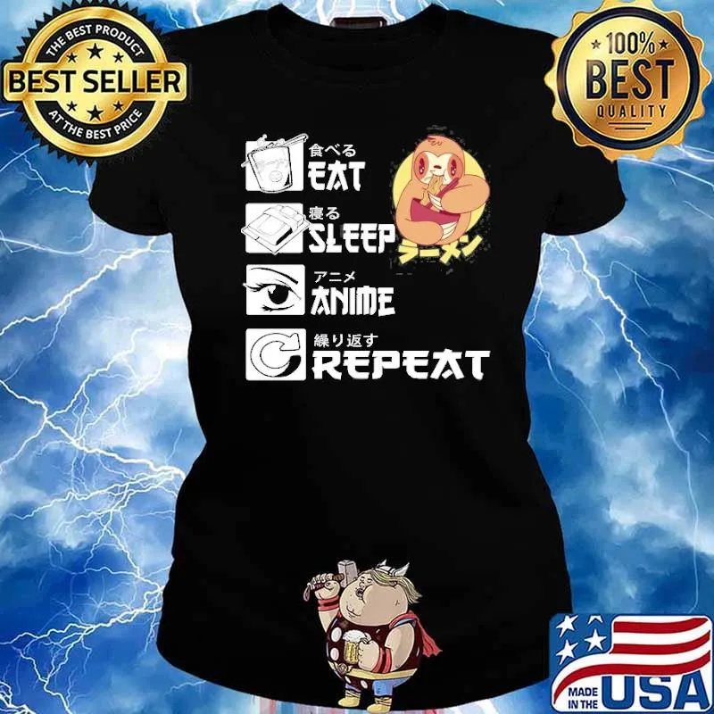 Eat Sleep Anime Repeat Sloth Eating Ramen Japanese Kawaii Shirt Ladies tee