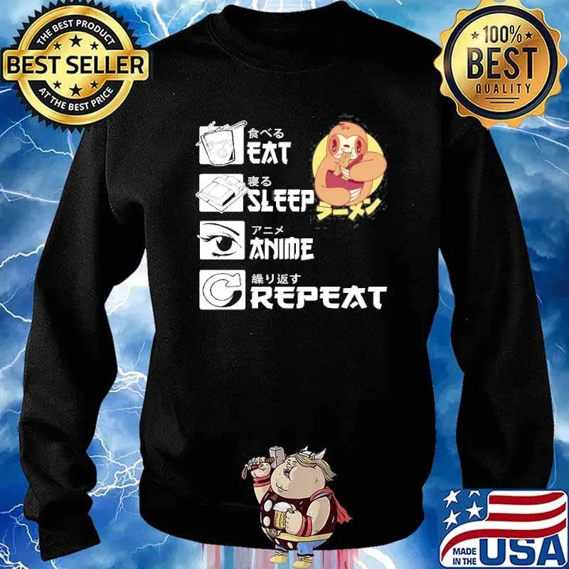 Eat Sleep Anime Repeat Sloth Eating Ramen Japanese Kawaii Shirt Sweater