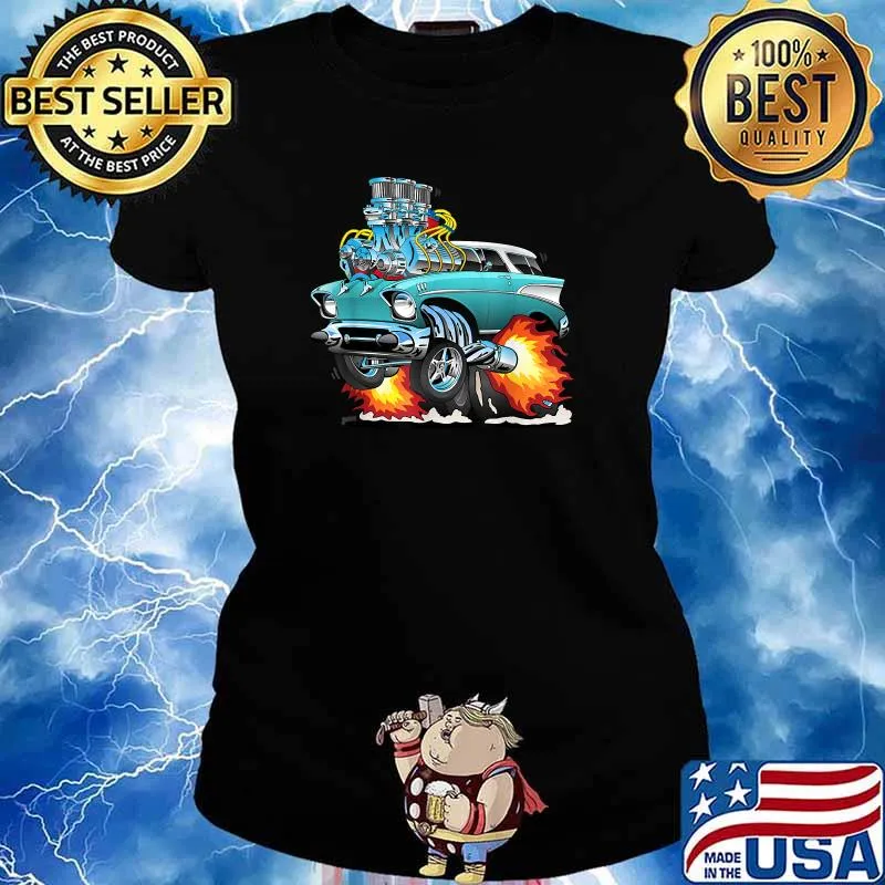 Fifties Style Muscle Car Hot Rod Station Wagon Cartoon T-Shirt Ladies tee