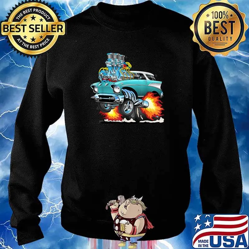 Fifties Style Muscle Car Hot Rod Station Wagon Cartoon T-Shirt Sweater