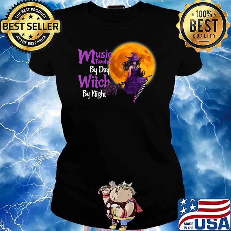 Funny music Teacher By Day Witch By Night Blood Moon Halloween T-Shirt Ladies tee