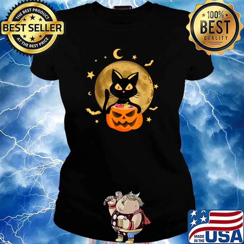 Halloween Black Cat Scary Pumpkin On the Moon T-Shirt Ladies tee