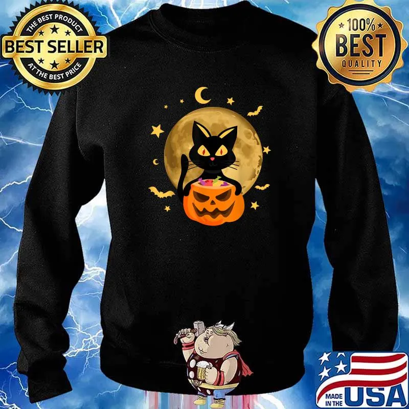 Halloween Black Cat Scary Pumpkin On the Moon T-Shirt Sweater
