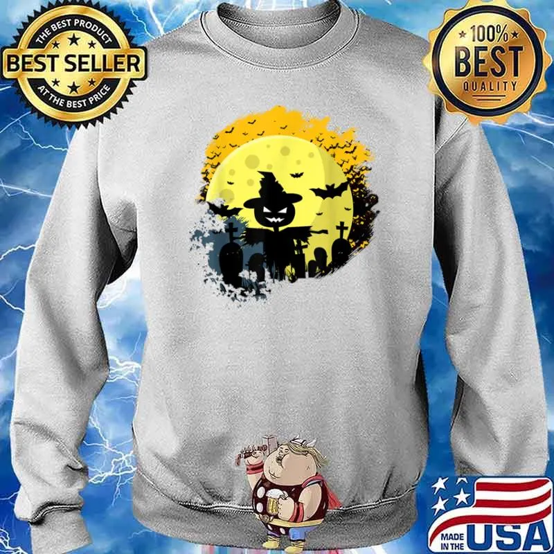 Halloween with flying bats on graveyard pumpkin scarecrow s Sweater