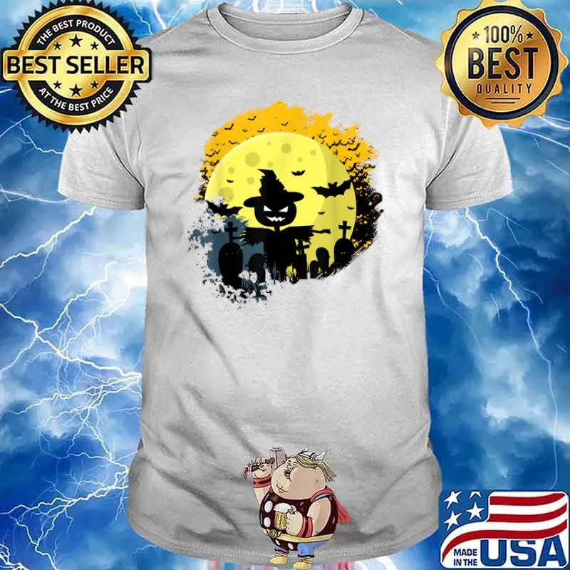 Halloween with flying bats on graveyard pumpkin scarecrow shirt