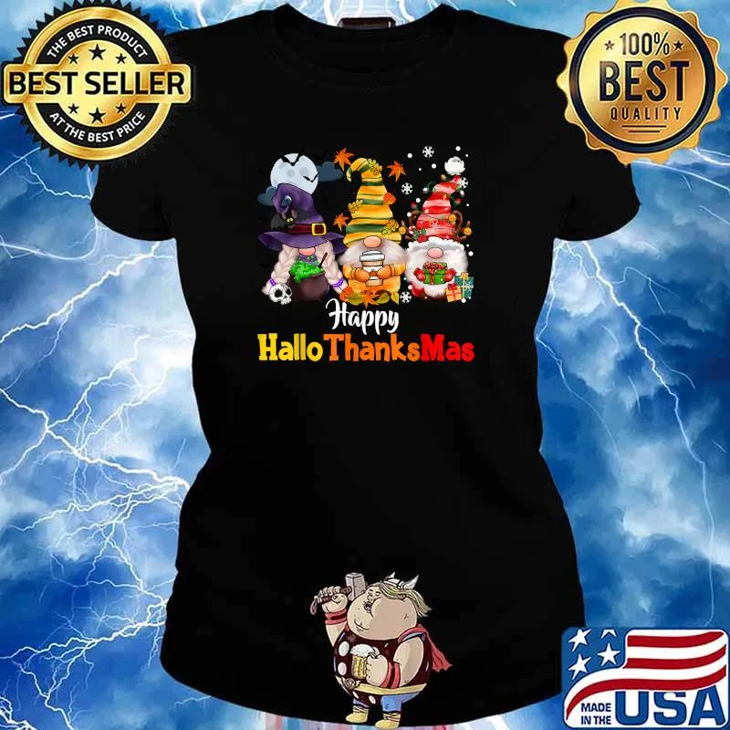 Happy Hallothanksmas Gnomes Lover Halloween Merry Christmas T-Shirt Ladies tee