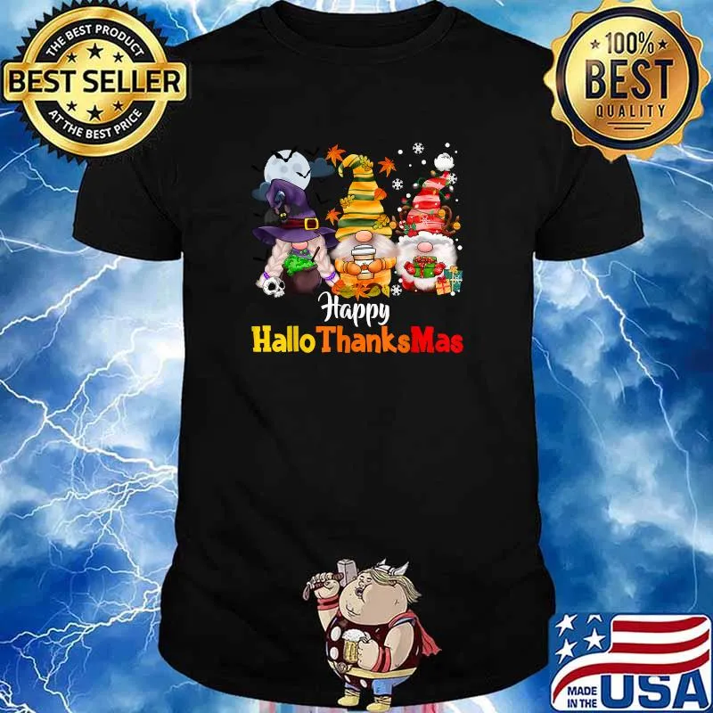 Happy Hallothanksmas Gnomes Lover Halloween Merry Christmas T-Shirt