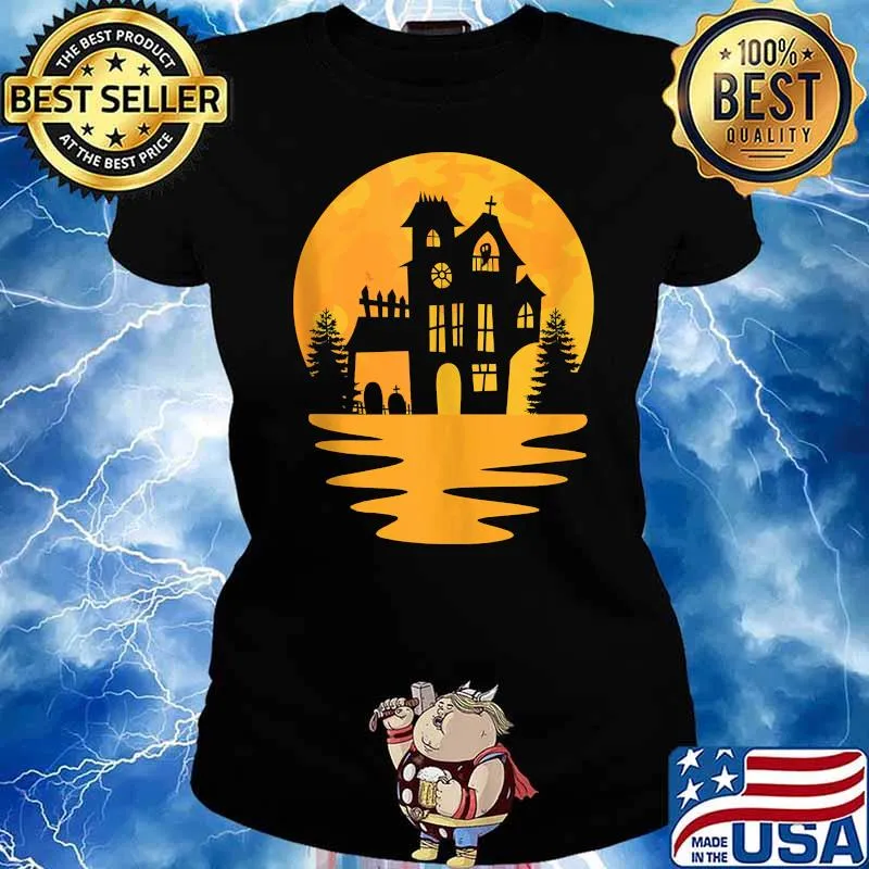 Haunted House Halloween Retro Sunset Graveyard Ghost T-Shirt Ladies tee