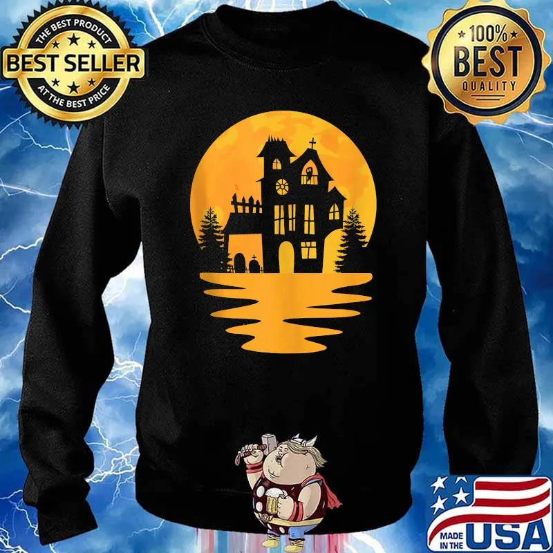 Haunted House Halloween Retro Sunset Graveyard Ghost T-Shirt Sweater