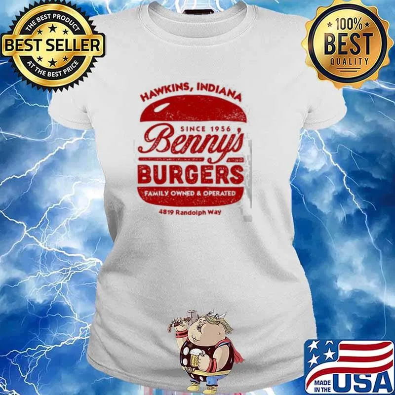 Hawkins Indiana since 1956 Benny's Burgers family owned and operated 4819 Randolph way s Ladies tee