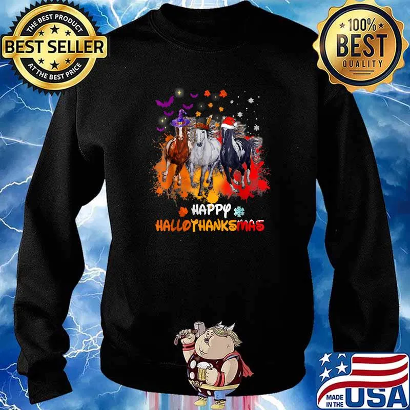 Horse Halloween And Merry Christmas Happy Hallothanksmas T-Shirt Sweater