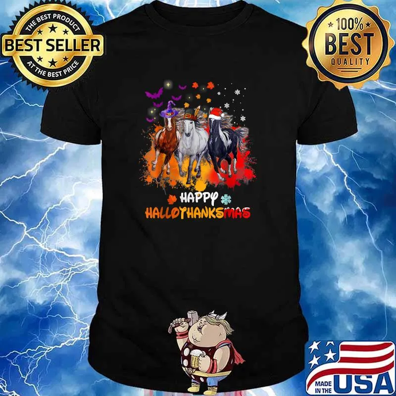 Horse Halloween And Merry Christmas Happy Hallothanksmas T-Shirt